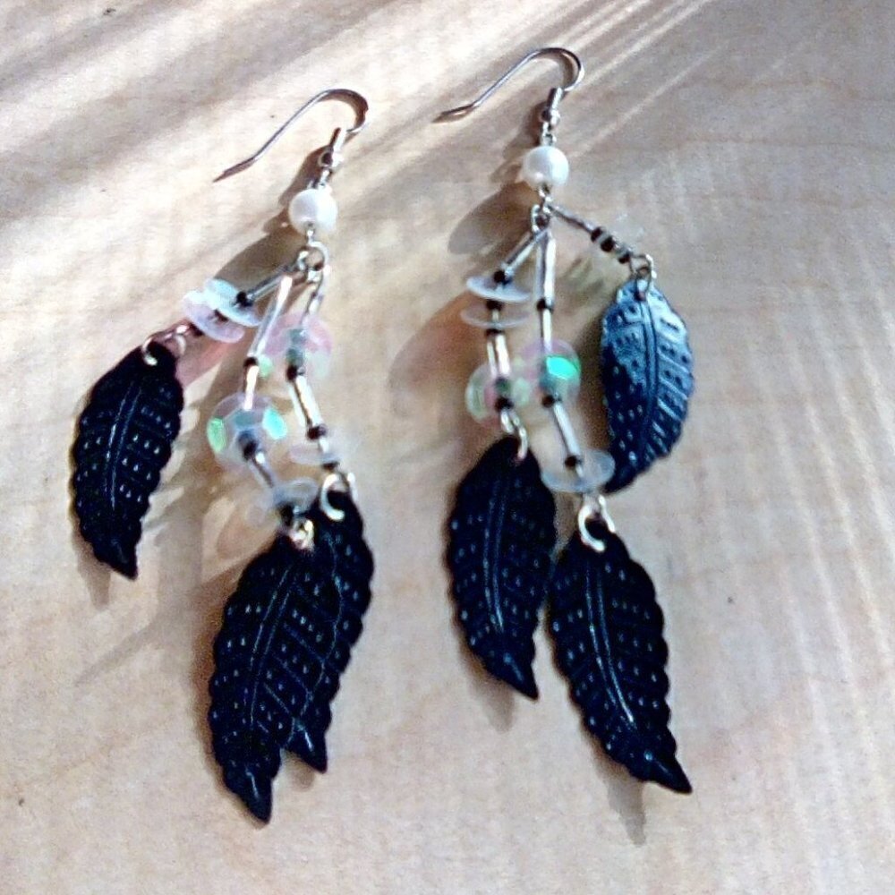 Beaded with Sequence Crow feather Pierced earrings 3"L